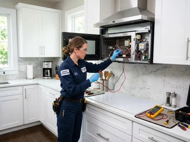 Appliance Repair Hero technician testing an over-the-range microwave in a Bethany Beach, DE kitchen